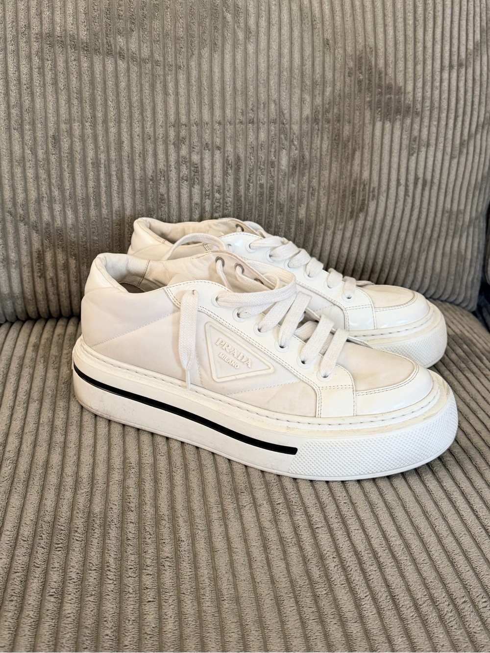 Prada White Leather Low-Top Platform Sneakers with Black Sole Stripe